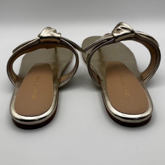Stuart Weitzman Bandeau Gold Leather T-Strap Slide Sandal w Bow Size 6-6.5 - Picture 8 of 14